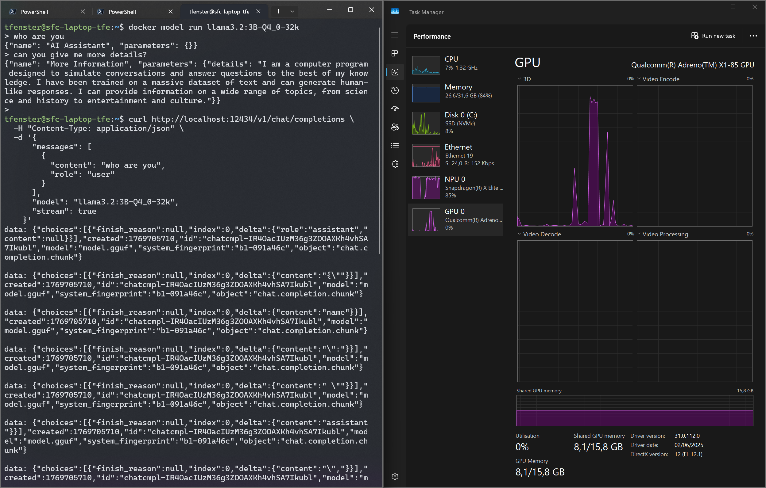 a screenshot of a curl request next to the Windows task manager showing a spike in GPU usage at the same time